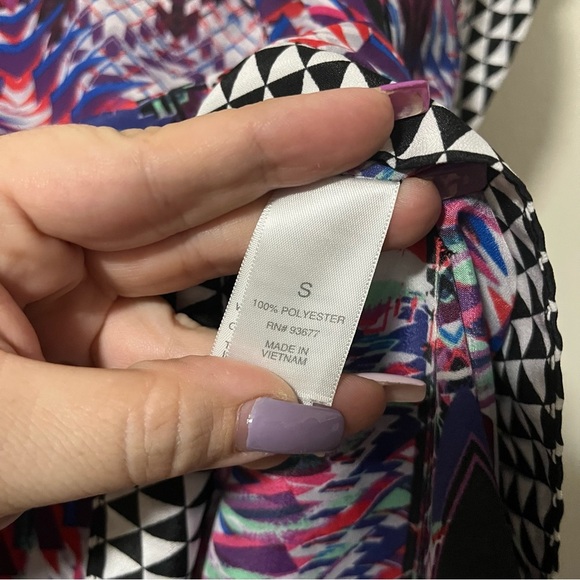 Bisou Bisou Multicolor Geometric Scarf Blouse Size Small Oversized Flowy Boho - Picture 5 of 6